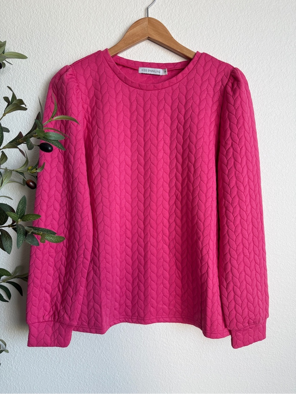 NWOT Miss Sparkling Hot Pink Textured Puff Sleeve Knit Sweater Womens Size Small - Picture 4 of 9
